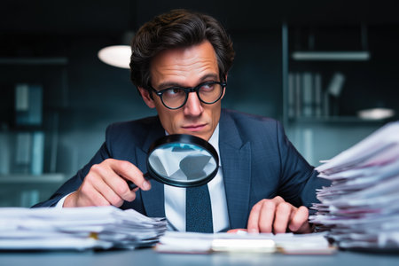 A focused investigator or auditor sits at a desk cluttered with paperwork, using a magnifying glass to scrutinize the fine print of a report or contract.の素材