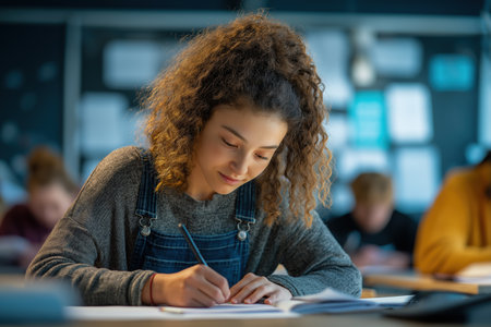 A teenage girl with curly hair concentrates on her notes during a lesson. The blurred background of other students emphasizes her dedication to learning.の素材