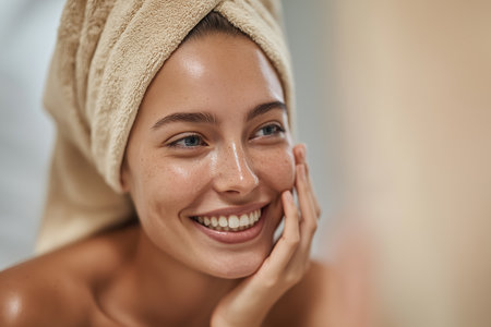 A smiling woman with clear, glowing skin and a towel wrap enjoys her skincare routine. The natural, radiant look promotes beauty, wellness, and self-care.の素材