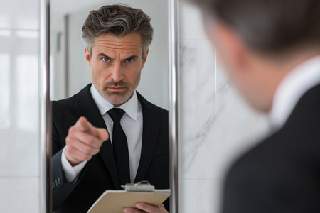 An intense, serious businessman in a suit points an accusatory finger at himself in the mirror, symbolizing self-criticism, motivation, or inner conflict.の素材