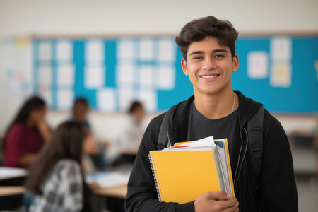 A smiling male teenager with a backpack and notebooks stands ready for class. The blurred classroom background highlights his focus on education and learning.の素材