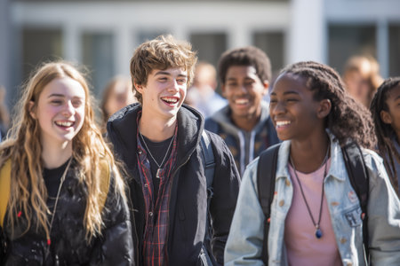 A multi-ethnic group of high school students smiles and enjoys each other's company outdoors. The image represents friendship, diversity, and youthful energy.の素材