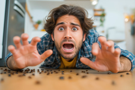 A horrified man with a shocked, screaming expression is terrified by a disgusting swarm of cockroaches crawling on his wooden table, indicating a pest problem.の素材