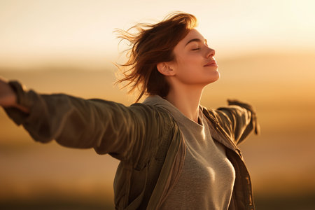 A serene woman with her eyes closed and arms open wide embraces the warm evening light. The scene evokes feelings of peace, freedom, and happiness.の素材