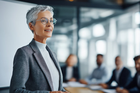 An elegant and professional mature woman with short gray hair and glasses, standing and speaking to her team during a business meeting or presentation.の素材