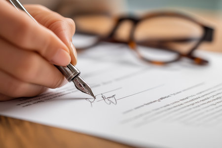 A person's hand is shown in macro detail, using an elegant silver fountain pen to write a signature on an official document, contract, or letter.の素材