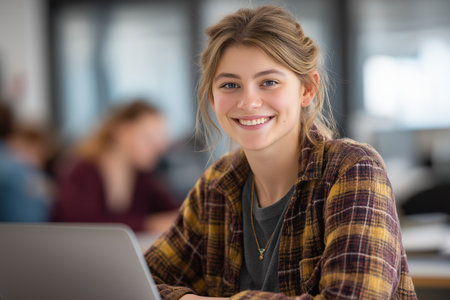 A beautiful and happy young woman in a plaid shirt smiles at the camera while sitting at a desk with her laptop, ready to learn in a modern classroom or library.の素材
