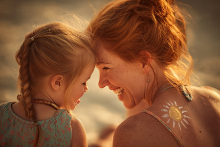 A close-up of a happy mother and her young daughter touching foreheads affectionately. Warm, golden hour light enhances the feeling of love and connection.の素材