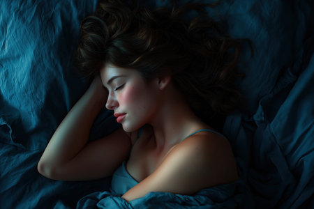 A serene young woman with curly brown hair sleeps soundly on her side in a comfortable bed with dark blue sheets, in a calm, moody lighting.の素材