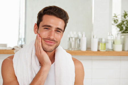 A happy, attractive man with a white towel on his shoulders gently touches his clean-shaven face, smiling at his reflection in the bathroom mirror.の素材