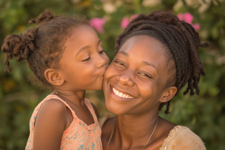 A sweet young African American girl gently kisses her smiling mother's cheek in a beautiful, sunlit garden, showing a moment of pure love and affection.の素材