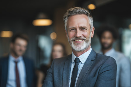 A successful and experienced male leader with gray hair and a beard looks at the camera. His colleagues are blurred behind him in a modern office setting.の素材