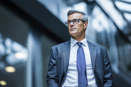 A portrait of a retired and successful middle-aged businessman in a suit and glasses, looking thoughtfully into the distance in a contemporary office lobby.の素材