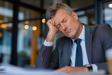An exhausted middle-aged man in a suit has fallen asleep at his desk, leaning on his hand, overwhelmed by fatigue and a heavy workload in a modern office.の素材