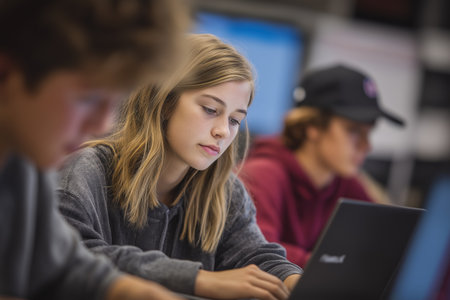 A serious and concentrated teenage girl with long blonde hair is focused on her work, typing or reading on her laptop computer in a classroom setting.の素材
