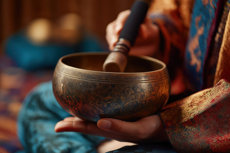 Close-up of a person's hands holding and playing a traditional bronze Tibetan singing bowl with a mallet, used for sound healing, yoga, and mindfulness.の素材