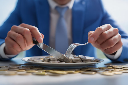 A man in a business suit uses a knife and fork to cut into a pile of silver and gold coins on a plate, representing greed, taxes, or financial consumption.の素材
