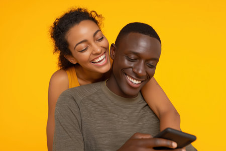 A joyful young black woman hugs her smiling man from behind as they both laugh while looking at something funny on a smartphone against a bright yellow background.の素材