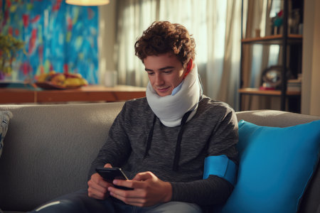 A young man recovering from an injury sits on the sofa at home, wearing a cervical collar and a blood pressure cuff, and passes the time on his phone.の素材
