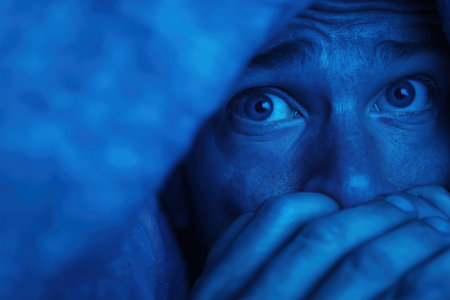 A close-up of a man's terrified eye and face, partially hidden under a blanket, illuminated by a dramatic blue light, conveying a sense of horror and fear.の素材