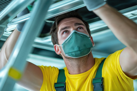 A male construction worker wearing a yellow shirt and a protective face mask is looking up, focused on installing a metal frame for a suspended ceiling.の素材