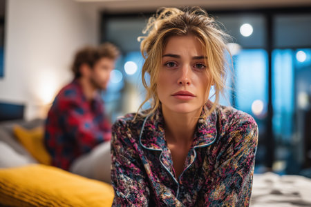 A beautiful but sad young woman with her hair in a bun looks directly at the camera with an unhappy expression, sitting on a couch after a conflict with her partner.の素材