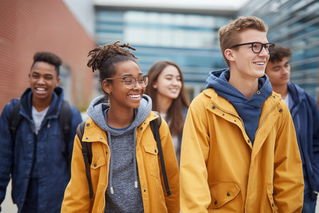 A cheerful group of multi-ethnic high school or college students are smiling and talking as they walk together on campus, representing friendship and diversity.の素材