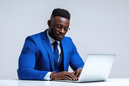 A handsome and stylish black businessman in a sharp blue suit and glasses sits at a desk, concentrating as he types on his laptop against a gray background.の素材
