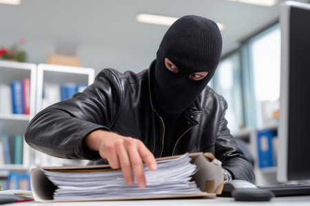 An anonymous thief in a balaclava and leather jacket sits at an office desk, carefully searching through a folder of papers to steal sensitive data and trade secrets.の素材