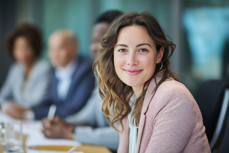 A confident and beautiful young professional woman looks at the camera and smiles gently, sitting at a conference table with colleagues in the background.の素材