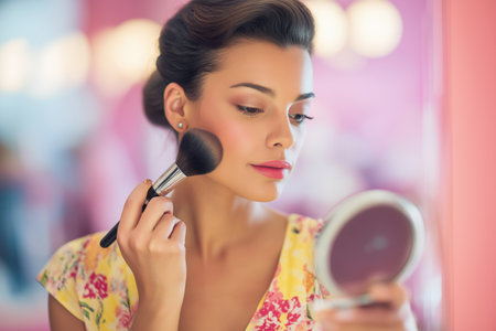 A beautiful brunette woman with a vintage-inspired hairstyle and floral dress applies makeup, looking in a small mirror as she puts powder on her face with a brush.の素材