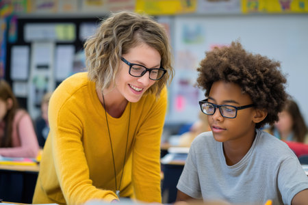 A smiling teacher wearing a yellow sweater and glasses helps a young boy with his schoolwork, creating a positive and supportive learning environment.の素材
