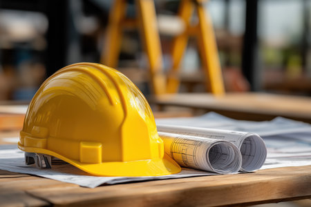 A close-up of a yellow hard hat and rolled-up blueprints resting on a wooden table, with the blurred background of a construction site and equipment.の素材