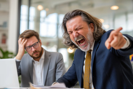 A furious middle-aged manager with long hair screams and points aggressively at a subordinate, who looks stressed and overwhelmed during a bad meeting.の素材