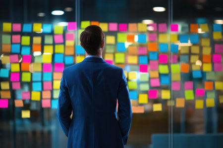 From the back, a man in a business suit analyzes a large glass wall covered in a mosaic of colorful sticky notes during a brainstorming or planning session.の素材