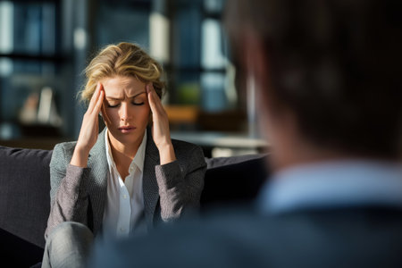 A troubled professional woman with blonde hair closes her eyes and massages her temples, suffering from a stress-induced headache or anxiety during a tense meeting.の素材
