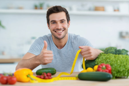 A smiling, handsome man gives a thumbs-up gesture, sitting at a table with fresh vegetables and a measuring tape, promoting weight loss and healthy eating.の素材