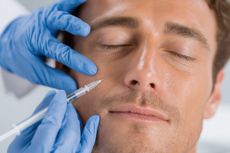 A man with his eyes closed receives a cosmetic injection in his cheek from a beautician in blue gloves to reduce wrinkles and enhance his facial features.の素材