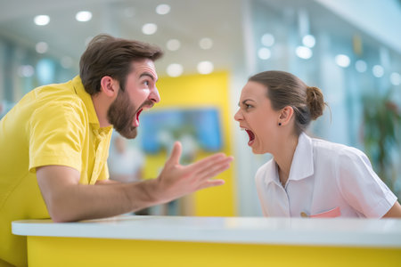 A man and a woman are screaming angrily in each other's faces during a heated and emotional confrontation, with their mouths wide open in a rage.の素材