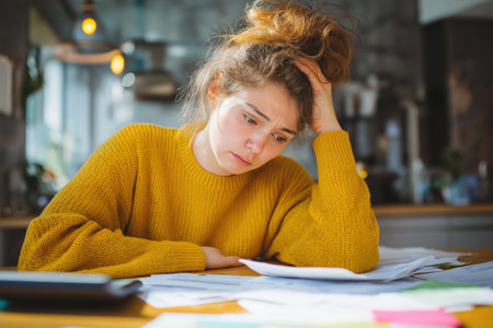 A stressed young woman with her hair in a messy bun leans on her hand, looking down at a pile of papers and a calculator, feeling overwhelmed by finances.の素材