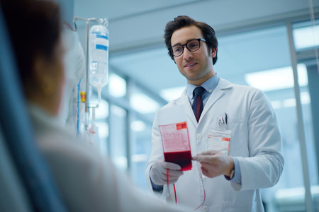 A friendly male doctor in a white coat and glasses is checking a bag of donated blood before a transfusion and talking to a patient in a modern clinic.の素材