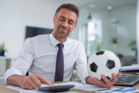 A smiling middle-aged man in a dress shirt and tie uses a calculator on his desk while holding a black and white football, symbolizing sports business, accounting, or gambling.の素材