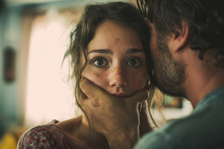 A man's hand covers a terrified woman's mouth, silencing her. Her wide, scared eyes look at the camera, symbolizing domestic violence and abuse.の素材