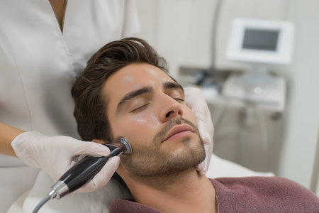 A handsome man with his eyes closed is getting a professional facial treatment using an ultrasonic or micro-needling device by a spa technician in white gloves.の素材