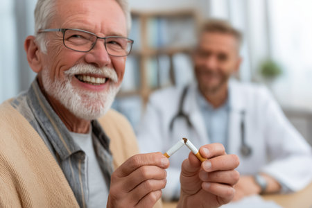 A cheerful elderly man with glasses proudly breaks a cigarette in his hands, smiling at the camera, with his supportive doctor smiling in the background.の素材