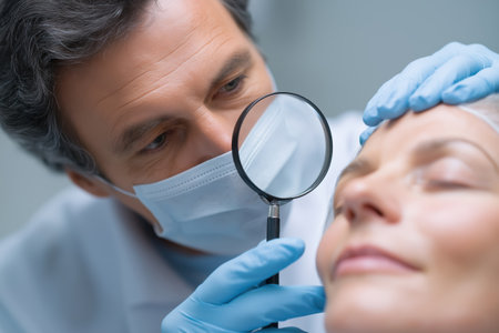 A male doctor in a mask and gloves uses a large magnifying glass to closely examine the skin and face of a mature female patient, symbolizing dermatology or cosmetic consultation.の素材