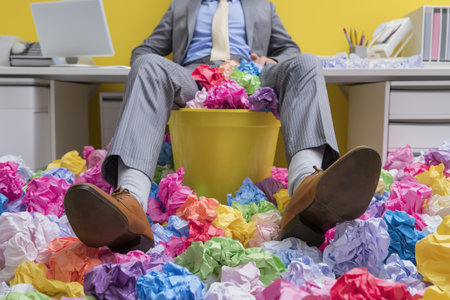 A businessman in a suit sits at his desk, his lap full of a colorful trash can overflowing with crumpled paper, symbolizing creative block or stress.の素材