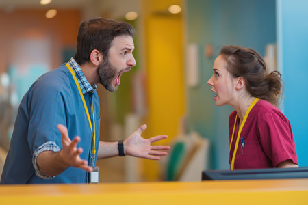 A male and female medical worker (nurse or doctor) in scrubs stand face-to-face, yelling in anger or frustration at each other in a hospital or clinic setting.の素材