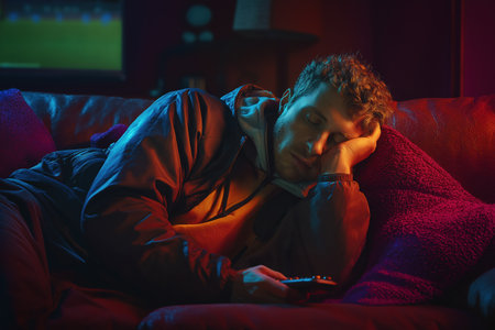 An exhausted man has fallen asleep on a red leather sofa in a dark room, still holding the remote control, illuminated by the colorful glow of the television.の素材