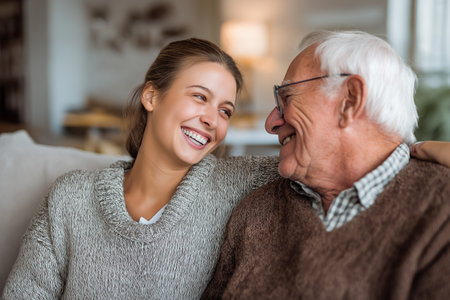 A cheerful young woman and her elderly grandfather are sharing a special moment, laughing and smiling at each other while sitting closely on a sofa at home.の素材